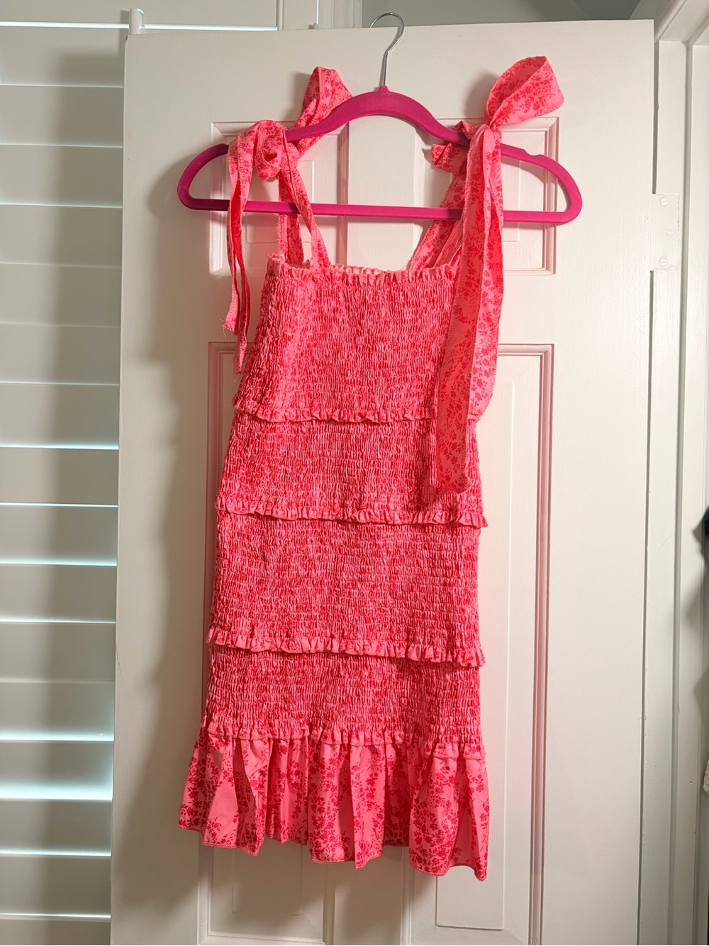 CBR Hot Pink Smocked Tie-Shoulder Ruffle Dress